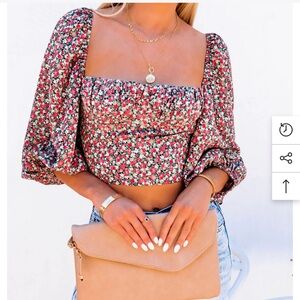 Floral Top- Ties In Back- Built In Underwire- Flowy Puff Sleeves
